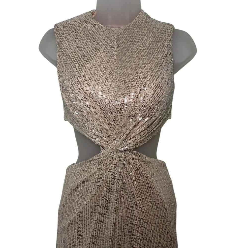 Ieena for Mac Duggal Sequin Cutout Midi Dress Nude Silver Size 0 - Picture 3 of 5